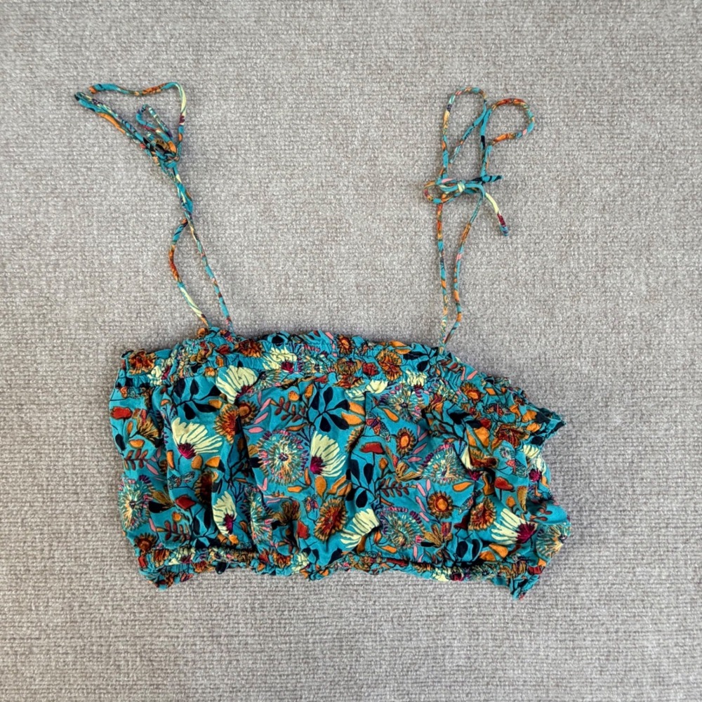 Natural Life Teal Floral Smocked Tube Top Boho Tie Strap Crop Tank Large